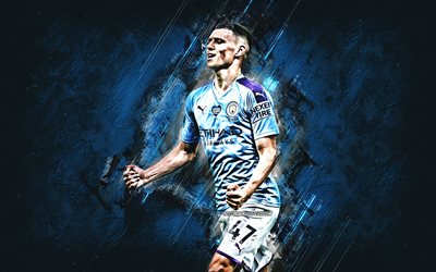 Phil Foden, Manchester City FC, english footballer, midfielder, portrait, blue stone background, football
