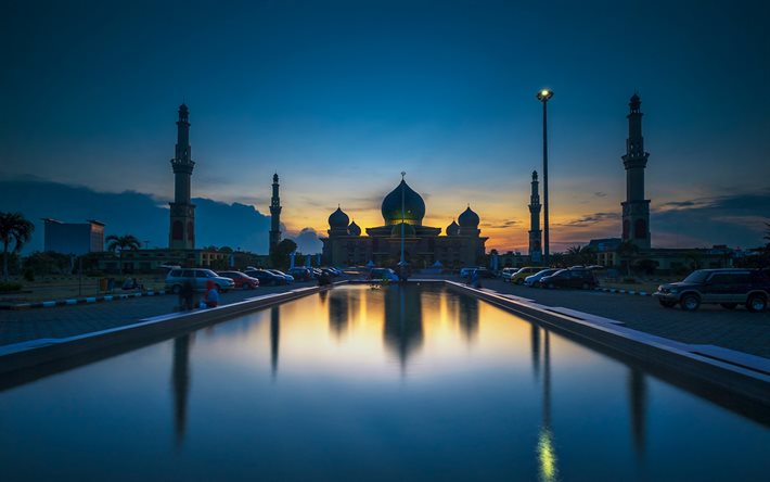 Pekanbaru, la Mosqu&#233;e Ar-Rahman, de la mosqu&#233;e, soir&#233;e, coucher du soleil, monument, Indon&#233;sie