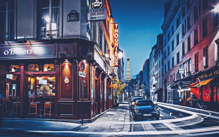 La Rue Saint-Dominique, 4k, Eiffel, Torre, notte, strade, citt&#224; francesi, Parigi, Europa