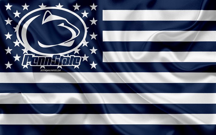 Penn State Nittany Lions, Amerikkalainen jalkapallo joukkue, luova Amerikan lippu, sininen valkoinen lippu, NCAA, University Park, Pennsylvania, USA, Penn State Nittany Lions-logo, tunnus, silkki lippu, Amerikkalainen jalkapallo