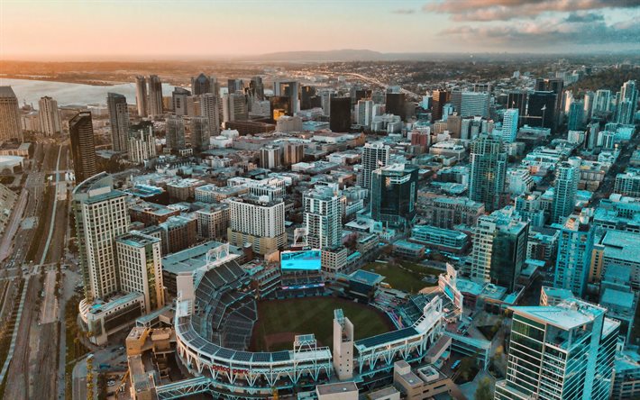 Petco Park de San Diego, le baseball park, San Diego padres, MLB, soir&#233;e, coucher du soleil, gratte-ciel, paysage urbain de San Diego, Californie, etats-unis, le stade de baseball