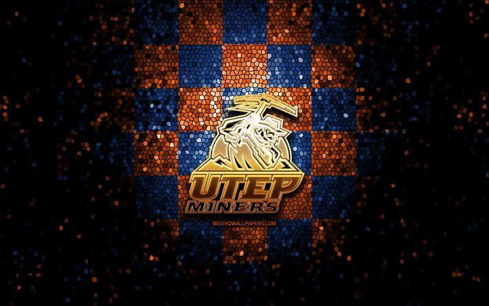 UTEP Mineiros, glitter logotipo, NCAA, azul laranja fundo quadriculado, EUA, time de futebol americano, UTEP Mineiros logotipo, arte em mosaico, futebol americano, Am&#233;rica