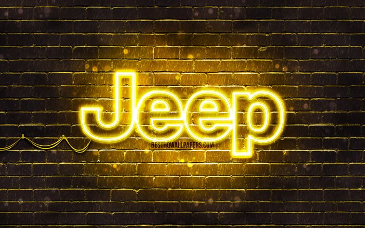 Jeep黄ロゴ, 4k, 黄brickwall, Jeepロゴ, 車ブランド, Jeepネオンのロゴ, ジープ
