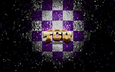 TCU Horned Frogs, glitter logo, NCAA, violet white checkered background, USA, american football team, TCU Horned Frogs logo, mosaic art, american football, America