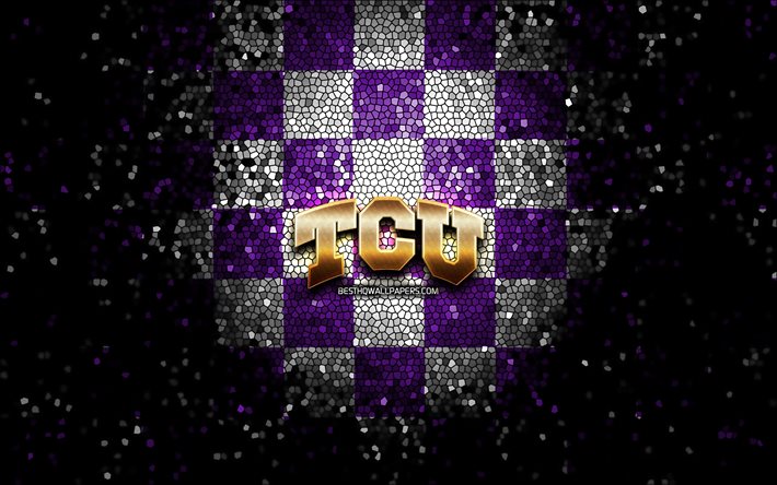 TCU Horned Frogs, glitter, logo, NCAA, viola, bianco, sfondo a scacchi, USA, squadra di football americano, TCU Horned Frogs logo, il mosaico, il football americano, l&#39;America
