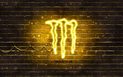 Monster Energy giallo logo, 4k, giallo brickwall, Monster Energy logo, bevande marche, Monster Energy neon logo Monster Energy