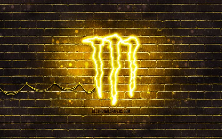 Monster Energy keltainen logo, 4k, keltainen brickwall, Monster Energy logo, juomien tuotemerkkej&#228;, Monster Energy neon-logo, Monster Energy