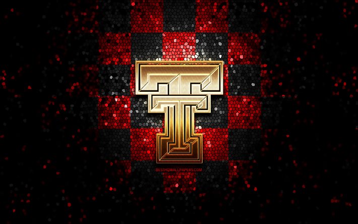 Texas Tech, logo glitter, NCAA, rosso, nero, sfondo a scacchi, USA, squadra di football americano, logo, mosaico, arte, football americano, America