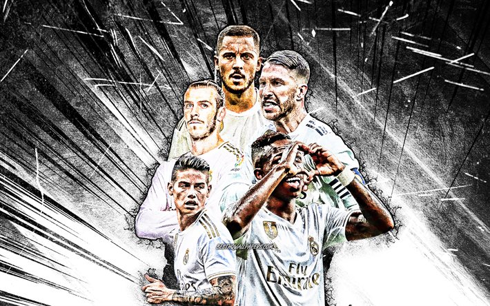 4k, Gareth Bale, &#220;nl&#252; Junior, Eden Hazard, James Rodriguez, Sergio Ramos, grunge sanat, Real Madrid FC, UEFA, futbol yıldızları, LaLiga Real Madrid takımı, beyaz soyut ışınları, futbol, Real Madrid CF