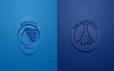 Atalanta vs PSG, UEFA Champions League, 3D logos, promotional materials, blue background, Champions League, football match, PSG, Atalanta, Paris Saint-Germain