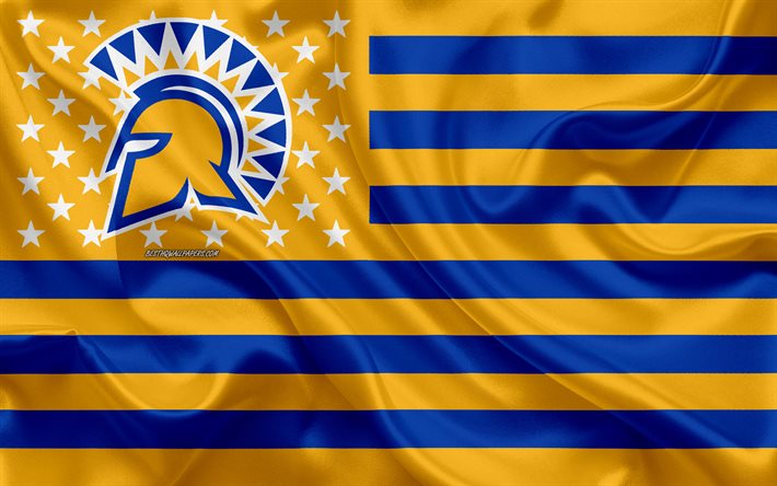 San Jose State Spartans, squadra di football Americano, creativo, bandiera Americana, di colore giallo-bandiera blu, NCAA, San Jose, California, USA, Stato di San Jos&#233; Spartani logo, stemma, bandiera di seta, il football Americano