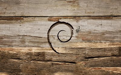 Debian木製ロゴ, 4k, Linux, 木製の背景, OS, Debianロゴ, creative クリエイティブ, 木彫り, Debian