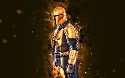 Mandaloriano dourado, 4k, luzes de n&#233;on amarelas, Fortnite Battle Royale, personagens Fortnite, pele Mandaloriana dourada, Fortnite, Fortnite Mandaloriano dourado