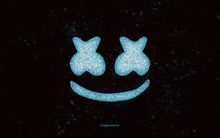 Marshmello glitter logo, 4k, black background, Marshmello logo, light blue glitter art, Marshmello, creative art, Marshmello light blue glitter logo