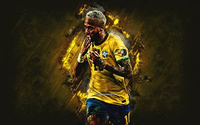 Neymar, Brazil national football team, grunge art, Brazilian soccer player, yellow stone background, Neymar art
