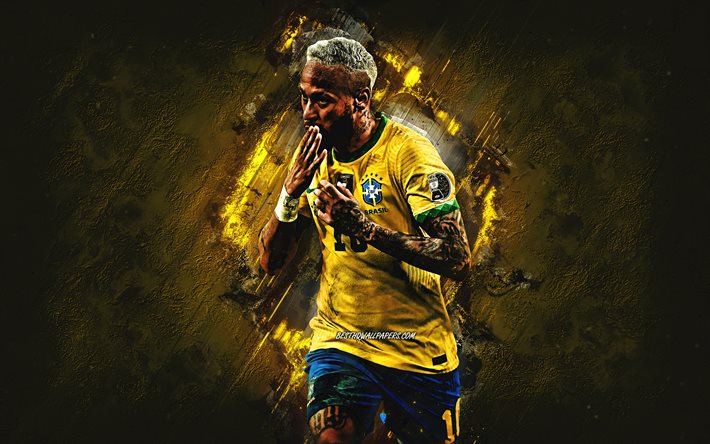 Neymar, sele&#231;&#227;o brasileira de futebol, arte do grunge, jogador de futebol brasileiro, fundo de pedra amarela, arte de Neymar