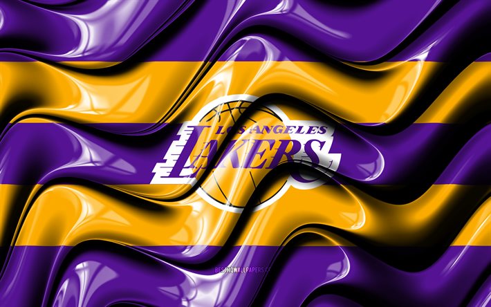 Bandeira do Los Angeles Lakers, 4k, ondas 3D violetas e amarelas, NBA, time americano de basquete, logotipo do Los Angeles Lakers, basquete, Los Angeles Lakers, LA Lakers