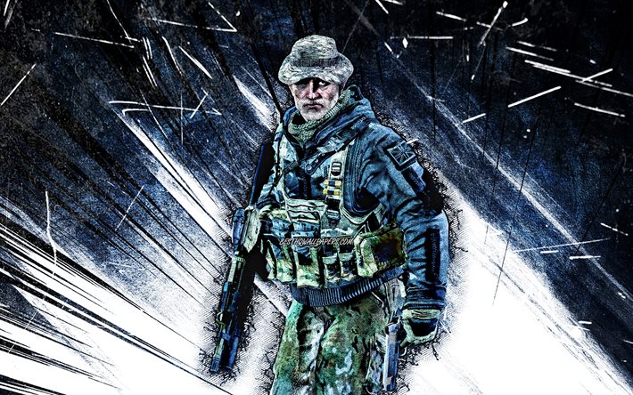 4k, Captain Price, grunge art, Call of Duty, soldiers, Call Of Duty characters, Call of Duty Modern Warfare, blue abstract rays, Captain Price Call Of Duty