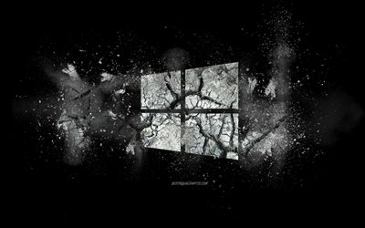 Windowsロゴ, 爆発の概念, 黒の背景, Microsoft Windows 10, 煙, Windows, クリエイティブアート, Windowsエンブレム