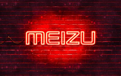 Meizu red logo, 4k, red brickwall, Meizu logo, brands, Meizu neon logo, Meizu