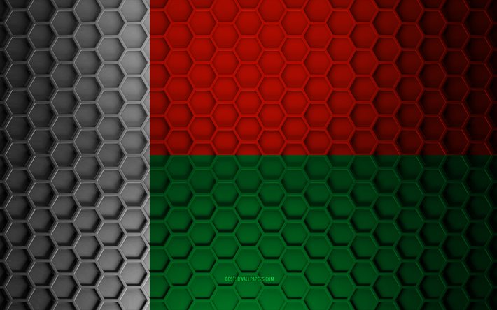 Madagascar flag, 3d hexagons texture, Madagascar, 3d texture, Madagascar 3d flag, metal texture, flag of Madagascar