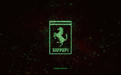 Ferrari glitter logo, 4k, black background, Ferrari logo, green glitter art, Ferrari, creative art, Ferrari green glitter logo