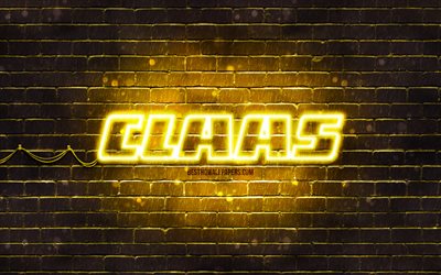 Claas yellow logo, 4k, yellow brickwall, Claas logo, brands, Claas neon logo, Claas