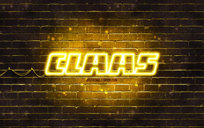 Logotipo amarelo Claas, 4k, parede de tijolos amarela, logotipo Claas, marcas, logotipo Claas neon, Claas