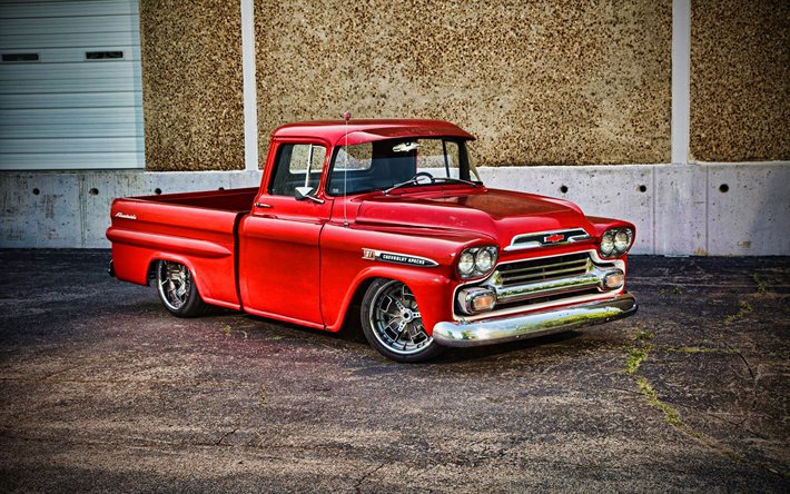 Chevrolet Apache 3100, HDR, 1955 voitures, pick-up rouge, tuning, voitures r&#233;tro, 1955 Chevrolet Apache, voitures am&#233;ricaines, Chevrolet