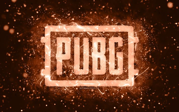 Logotipo do Pubg marrom, 4k, luzes de n&#233;on marrom, PlayerUnknowns Battlegrounds, criativo, fundo abstrato marrom, logotipo do Pubg, jogos online, Pubg