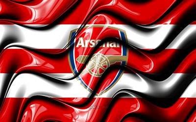 Arsenal flag, 4k, red and white 3D waves, Premier League, english football club, football, Arsenal logo, Arsenal FC, soccer