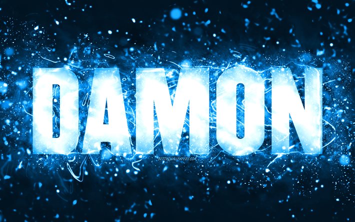 Joyeux anniversaire Damon, 4k, n&#233;ons bleus, nom Damon, cr&#233;atif, joyeux anniversaire Damon, anniversaire Damon, noms masculins am&#233;ricains populaires, photo avec le nom Damon, Damon
