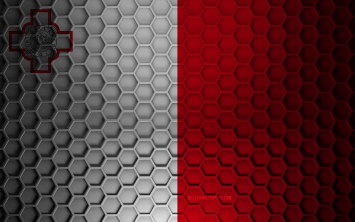 Drapeau de Malte, texture d&#39;hexagones 3d, Malte, texture 3d, drapeau de Malte 3d, texture en m&#233;tal, drapeau de Malte