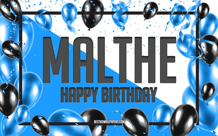 Hyvää syntymäpäivää Malthe, syntymäpäiväpallojen tausta, Malthe, taustakuvat nimillä, Malthe hyvää syntymäpäivää, sininen ilmapallojen syntymäpäivätausta, Malthen syntymäpäivä