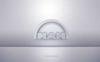 MAN 3d beyaz logo, gri arka plan, MAN logosu, yaratıcı 3d sanat, MAN, 3d amblem