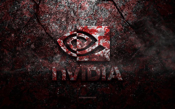 Nvidia -logotyp, grungekonst, Nvidia -stenlogotyp, r&#246;d stenstruktur, Nvidia, grunge -stenstruktur, Nvidia -emblem, Nvidia 3d -logotyp