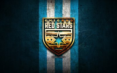 Chicago Red Stars FC, golden logo, NWSL, blue metal background, american soccer club, National Womens Soccer League, Chicago Red Stars logo, soccer, Chicago Red Stars