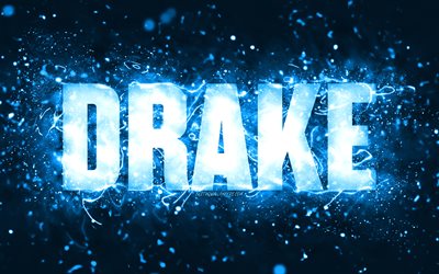 Happy Birthday Drake, 4k, blue neon lights, Drake name, creative, Drake Happy Birthday, Drake Birthday, popular american male names, picture with Drake name, Drake