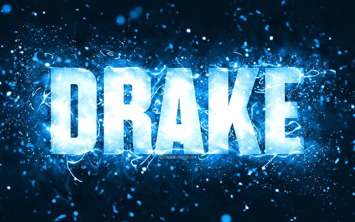 Joyeux anniversaire Drake, 4k, n&#233;ons bleus, nom Drake, cr&#233;atif, joyeux anniversaire Drake, anniversaire Drake, noms masculins am&#233;ricains populaires, photo avec nom Drake, Drake