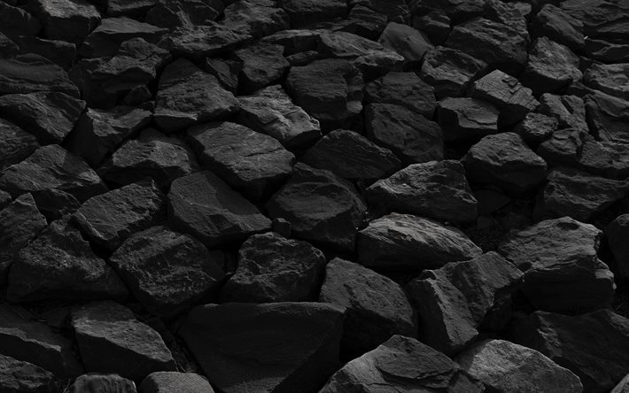 4k, 黒い石, マクロ, 大きな石, 黒い石の質感, 小石の背景, 砂利のテクスチャ, 小石のテクスチャ, 石の背景, 黒い小石, 黒の背景, ぺブル