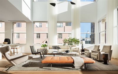 apartamento elegante, Manhattan, sala de estar, sof&#225;s cinza na sala de estar, interior moderno e elegante, ideia para uma sala de estar