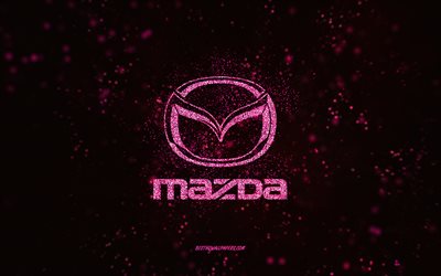 Mazda glitter logo, 4k, black background, Mazda logo, pink glitter art, Mazda, creative art, Mazda pink glitter logo