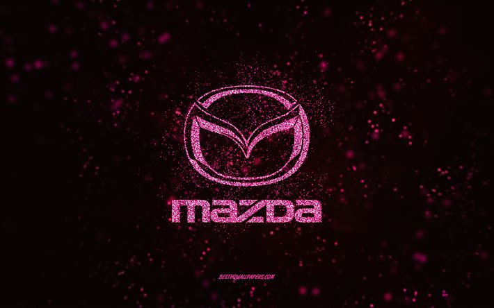 Mazda logo glitter, 4k, sfondo nero, logo Mazda, arte glitter rosa, Mazda, arte creativa, logo Mazda glitter rosa