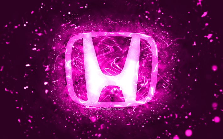 Logotipo roxo da Honda, 4k, luzes de n&#233;on roxas, criativo, fundo abstrato roxo, logotipo da Honda, marcas de carros, Honda