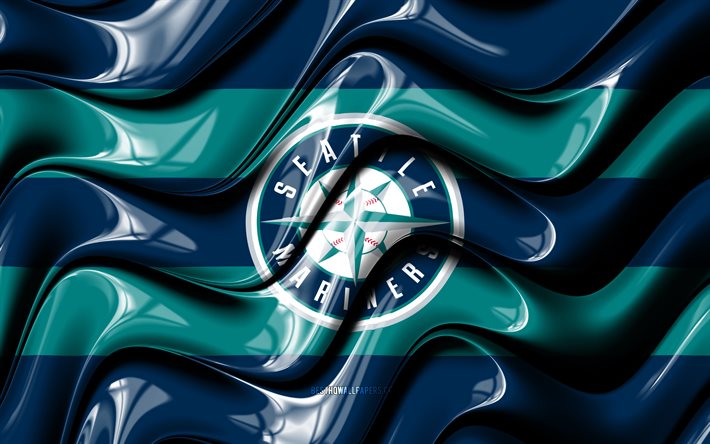 Drapeau des Seattle Mariners, 4k, vagues 3D bleues, MLB, &#233;quipe de baseball am&#233;ricaine, logo des Seattle Mariners, baseball, Seattle Mariners