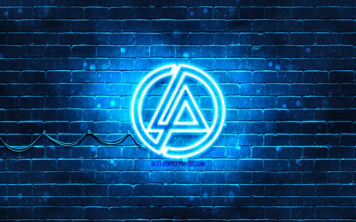 Linkin Parkin sininen logo, 4k, musiikkit&#228;hdet, sininen tiilisein&#228;, Linkin Parkin logo, tuotemerkit, Linkin Park neonlogo, Linkin Park