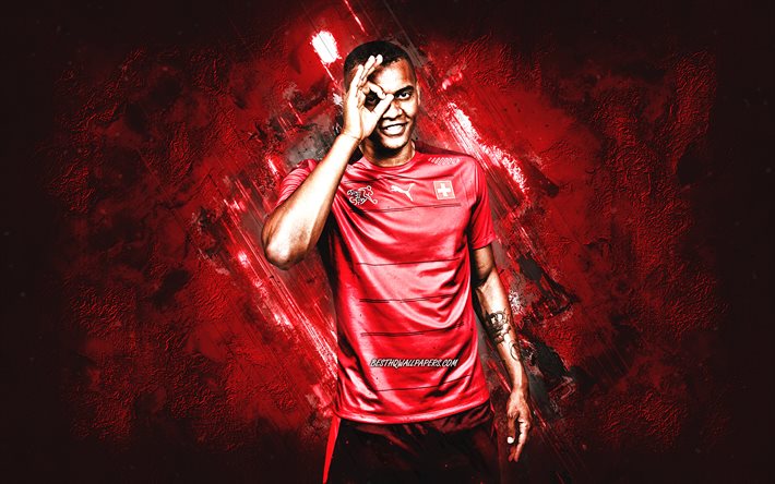 Manuel Akanji, Schweiz fotbollslandslag, grungekonst, schweizisk fotbollsspelare, Schweiz, fotboll, r&#246;d stenbakgrund