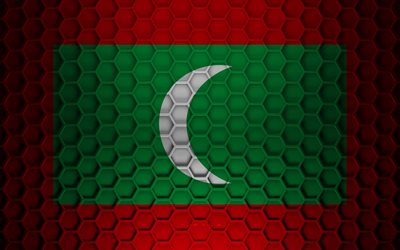 Maldives flag, 3d hexagons texture, Maldives, 3d texture, Maldives 3d flag, metal texture, flag of Maldives