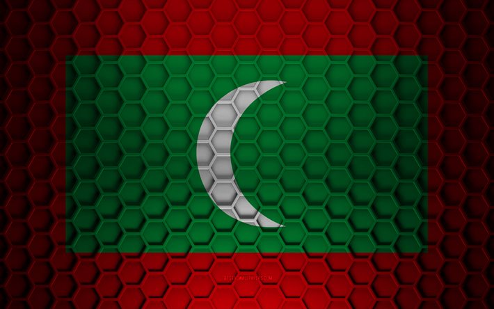 Drapeau des Maldives, texture des hexagones 3d, Maldives, texture 3d, drapeau des Maldives 3d, texture m&#233;tallique, drapeau des Maldives