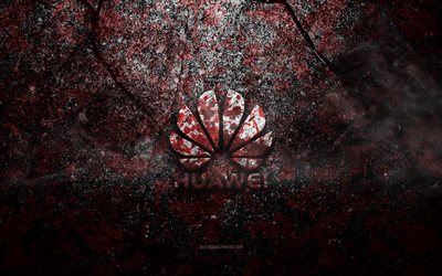 Huaweiのロゴ, グランジアート, Huaweiストーンロゴ, 赤い石の質感, Huawei, グランジ石のテクスチャ, Huaweiエンブレム, Huawei3dロゴ